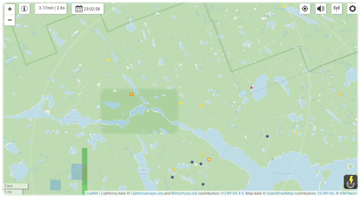 Map of lightning strikes during the storm